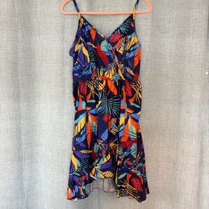 Tropical Leaf Print Sleeveless Sundress Spaghetti Strap Ruffle Hem